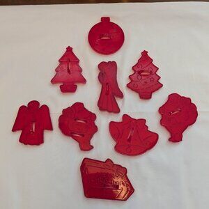 Vintage Set of 9 Red Clear Plastic HRM Christmas Cookie Cutters